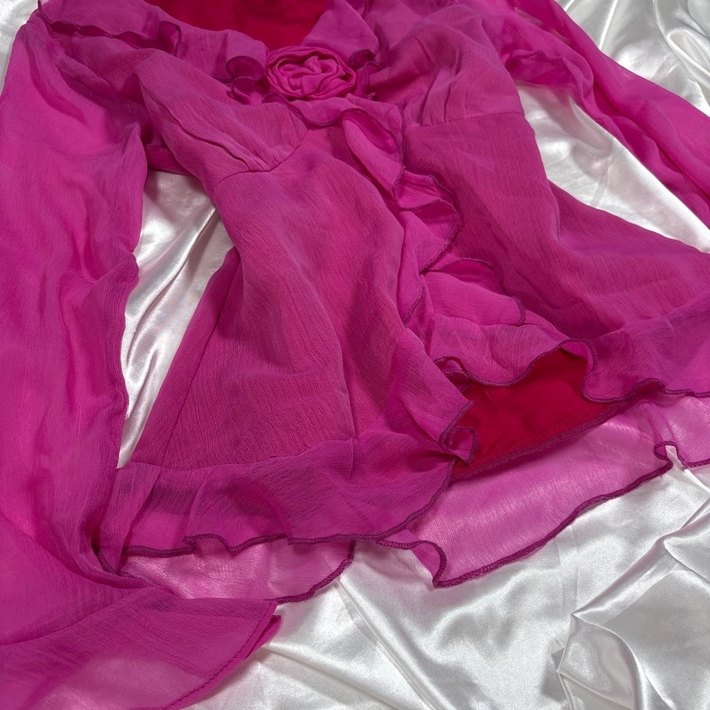y2k romantic Ruffle Blouse Pink Draax Rose Applique Long Sleeve XS - Picture 3 of 5